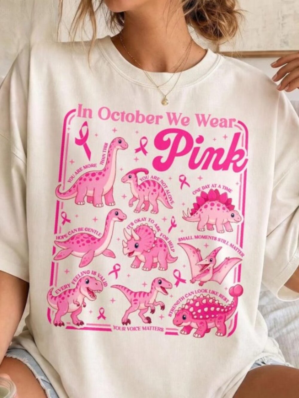 Breast Cancer Dinosaur Shirt, In October We Wear Pink Tee